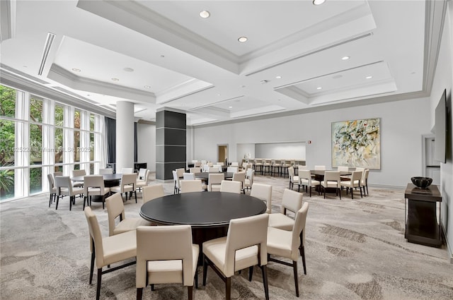 7000 Island Blvd Unit 1408, Aventura, FL 33160 - dining room featuring coffered ceiling, recessed lighting, light carpet, beamed ceiling, and crown molding