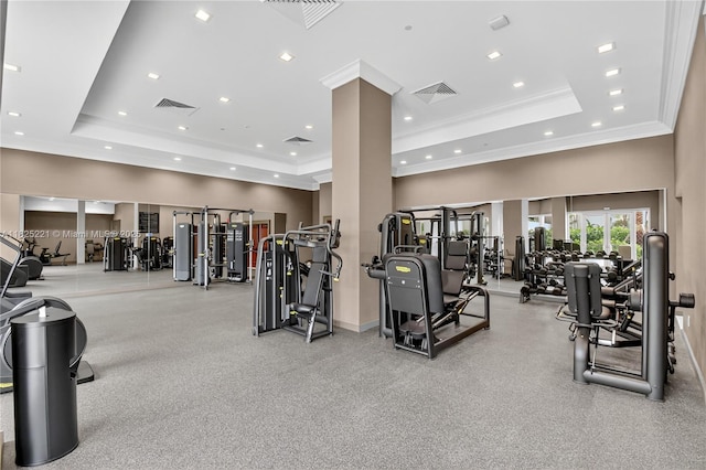 7000 Island Blvd Unit 1408, Aventura, FL 33160 - exercise room featuring a raised ceiling, crown molding, and recessed lighting