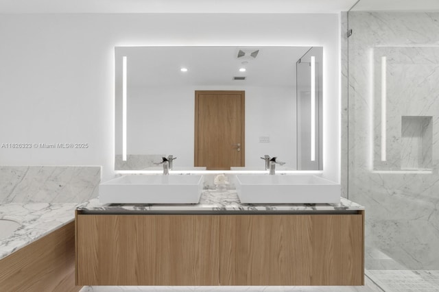 1135 103rd St Unit 408, Bay Harbor Islands, FL 33154 - full bathroom featuring double vanity and a marble finish shower