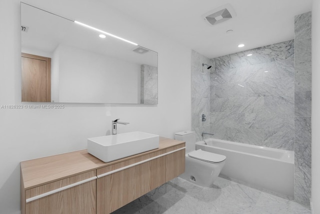 1135 103rd St Unit 408, Bay Harbor Islands, FL 33154 - bathroom with marble finish flooring, vanity, washtub / shower combination, and recessed lighting