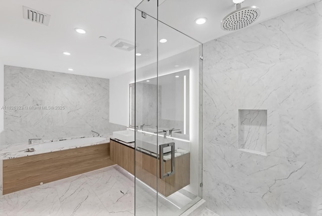 1135 103rd St Unit 408, Bay Harbor Islands, FL 33154 - bathroom featuring marble look tile flooring, recessed lighting, vanity, a bath, and a marble finish shower