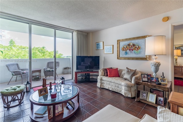 5 Island Ave Unit 6A, Miami Beach, FL 33139 - living area with a textured ceiling, expansive windows, and dark tile patterned flooring
