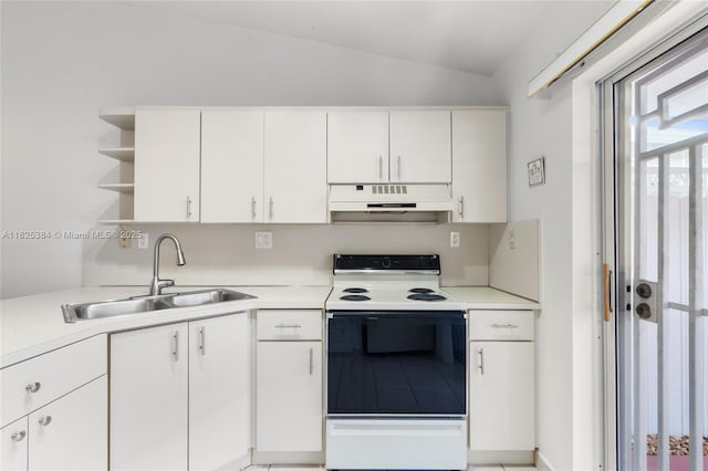 7101 W 24th Ave Unit 27, Hialeah, FL 33016 - kitchen featuring white range with electric stovetop, extractor fan, open shelves, lofted ceiling, and light countertops