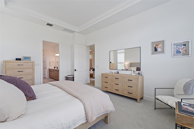 20161 SE Bridgewater Dr, Jupiter, FL 33458 - bedroom with crown molding, light carpet, and connected bathroom