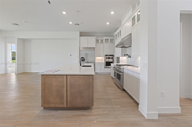20161 SE Bridgewater Dr, Jupiter, FL 33458 - kitchen featuring high quality appliances, under cabinet range hood, light wood-style flooring, a kitchen island with sink, and recessed lighting