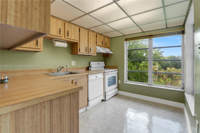 4168 Inverrary Dr Unit 402, Lauderhill, FL 33319 - kitchen with under cabinet range hood, white appliances, light countertops, and a drop ceiling