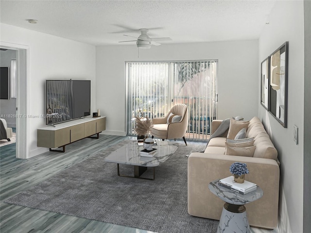 2009 SE 10th Ave Unit 318, Fort Lauderdale, FL 33316 - living area with a ceiling fan, wood finished floors, and a textured ceiling
