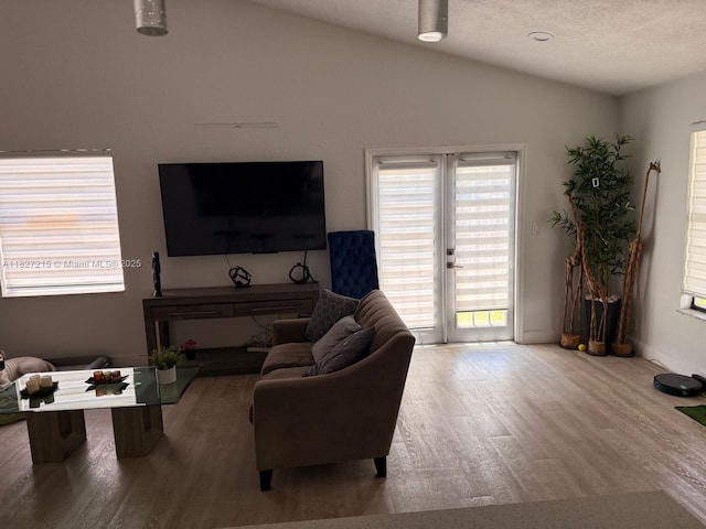 763 S Wind Cir, Sunrise, FL 33326 - living room featuring vaulted ceiling, wood finished floors, and a textured ceiling