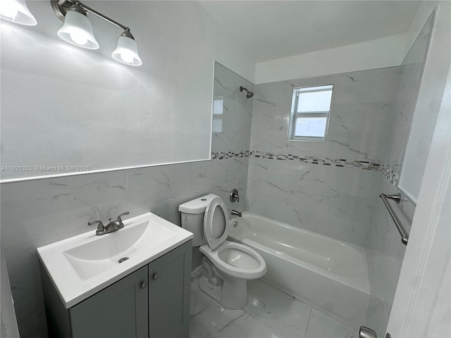 3231 NW 48th Ter, Miami, FL 33142 - full bath with shower / bathtub combination, vanity, tile walls, marble look tiles, and wainscoting