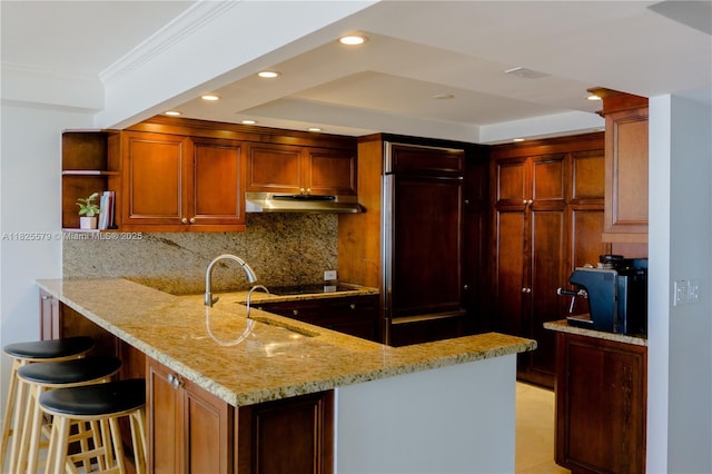 3 Grove Isle Dr Unit C1405, Miami, FL 33133 - kitchen with under cabinet range hood, a peninsula, light stone countertops, high end fridge, and decorative backsplash