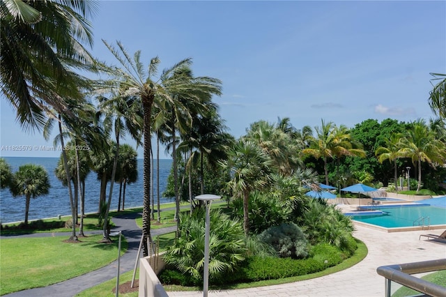 3 Grove Isle Dr Unit C1405, Miami, FL 33133 - community pool featuring a water view, a patio area, and a lawn