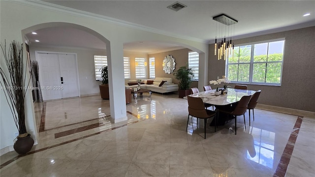 1425 Crossbill Ct, Weston, FL 33327 - dining room featuring light marble finish flooring, ornamental molding, arched walkways, inlaid floor details, and recessed lighting