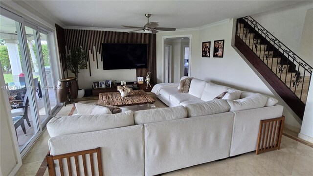 1425 Crossbill Ct, Weston, FL 33327 - living room featuring stairway, crown molding, and a ceiling fan