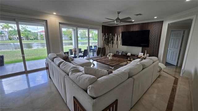 1425 Crossbill Ct, Weston, FL 33327 - living area featuring crown molding, recessed lighting, a water view, ceiling fan, and light marble finish flooring