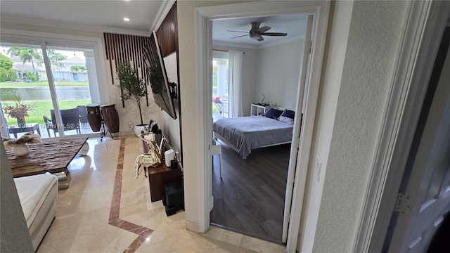 1425 Crossbill Ct, Weston, FL 33327 - bedroom with ornamental molding, multiple windows, inlaid floor details, a water view, and recessed lighting