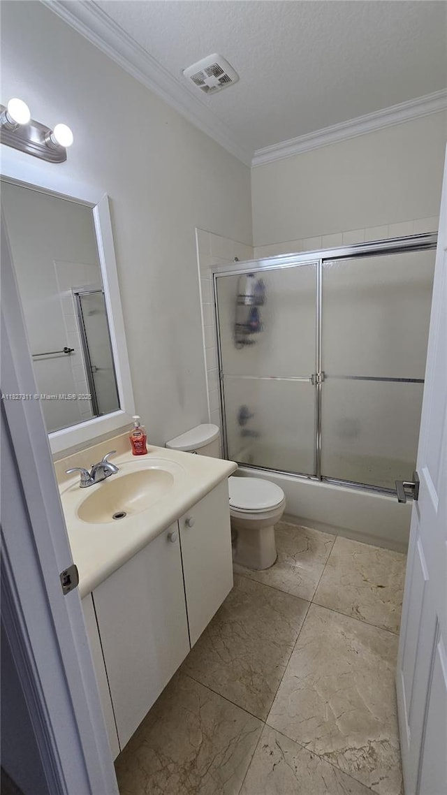 1425 Crossbill Ct, Weston, FL 33327 - full bathroom with crown molding, vanity, combined bath / shower with glass door, and marble look tiles