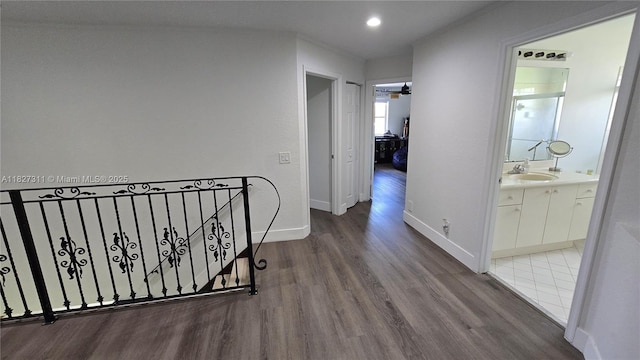 1425 Crossbill Ct, Weston, FL 33327 - hallway featuring wood finished floors, an upstairs landing, and recessed lighting