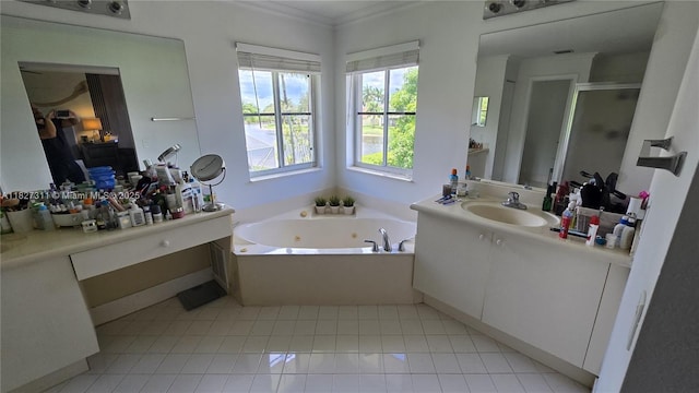 1425 Crossbill Ct, Weston, FL 33327 - full bathroom featuring a jetted tub, a shower stall, vanity, crown molding, and tile patterned floors