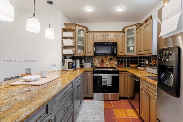 1210 Genoa St, Coral Gables, FL 33134 - kitchen featuring stainless steel appliances, backsplash, light stone countertops, glass insert cabinets, and decorative light fixtures