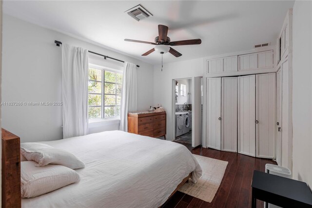 1210 Genoa St, Coral Gables, FL 33134 - bedroom with dark wood finished floors, separate washer and dryer, a ceiling fan, and a closet