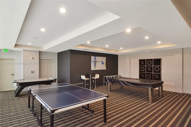 600 NE 27th St Unit 1105, Miami, FL 33137 - playroom with a raised ceiling, billiards, carpet, and recessed lighting