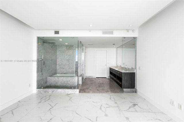 3131 NE 7th Ave Unit 2705, Miami, FL 33137 - full bathroom featuring marble finish flooring, vanity, a garden tub, a marble finish shower, and recessed lighting