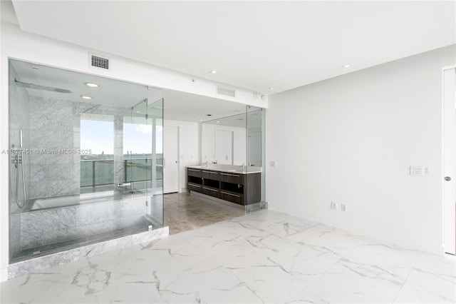 3131 NE 7th Ave Unit 2705, Miami, FL 33137 - full bathroom featuring vanity, marble finish flooring, a marble finish shower, recessed lighting, and a tub with marble appearance