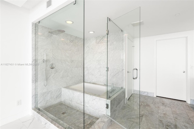 3131 NE 7th Ave Unit 2705, Miami, FL 33137 - full bathroom featuring marble finish flooring, a marble finish shower, a garden tub, and recessed lighting