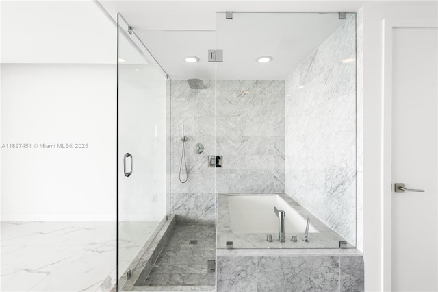 3131 NE 7th Ave Unit 2705, Miami, FL 33137 - full bath with marble look tile flooring, a bath, a marble finish shower, and recessed lighting
