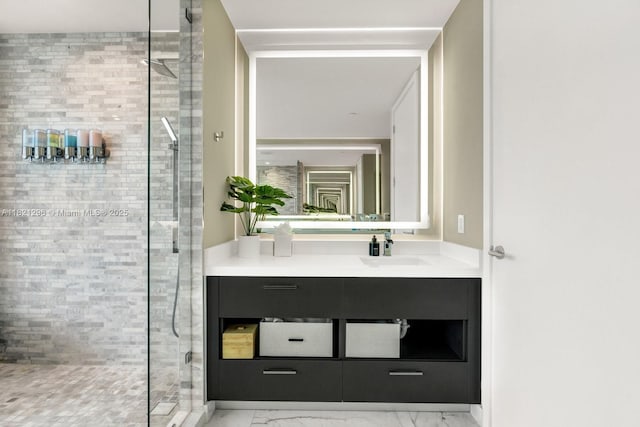851 NE 1st Ave Unit 5202, Miami, FL 33132 - bathroom featuring a shower stall, vanity, and marble look tiles