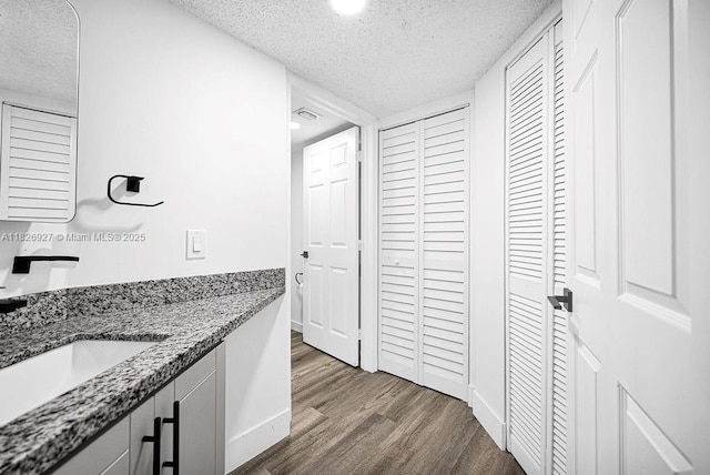 8365 SW 152nd Ave Unit C-201, Miami, FL 33193 - bathroom with a closet, a textured ceiling, wood finished floors, double vanity, and recessed lighting