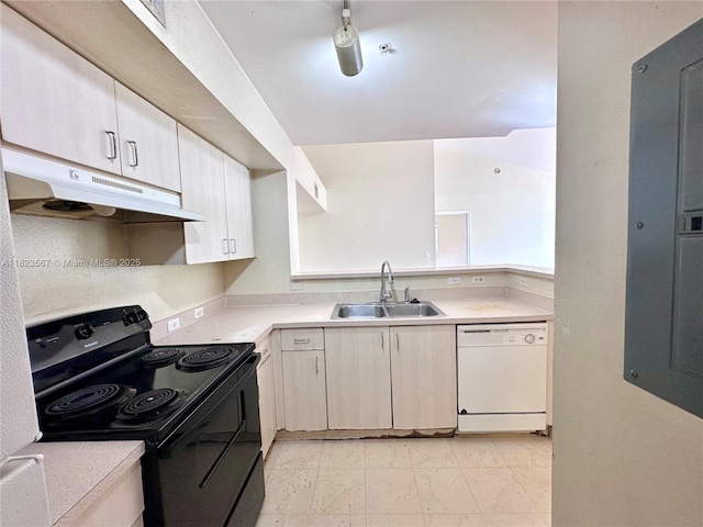 11185 SW 6th St Unit 303, Pembroke Pines, FL 33025 - kitchen with white dishwasher, black electric range oven, under cabinet range hood, light countertops, and electric panel