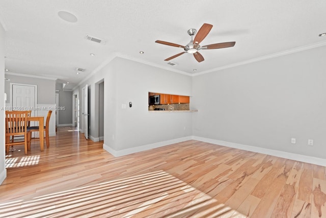 20155 E Oakmont Cir, Hialeah, FL 33015 - unfurnished living room featuring a ceiling fan, light wood-style flooring, ornamental molding, and recessed lighting