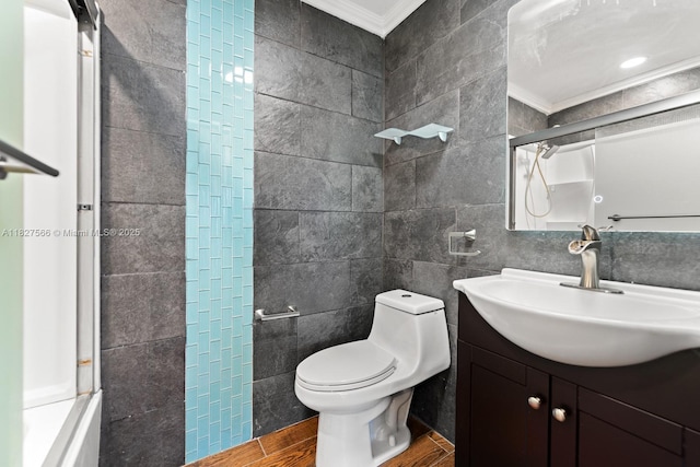 20155 E Oakmont Cir, Hialeah, FL 33015 - bathroom with tile walls, crown molding, vanity, and a shower