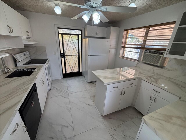 971 E 18th St, Hialeah, FL 33013 - kitchen featuring white appliances, light marble finish floors, a peninsula, cooling unit, and a textured ceiling