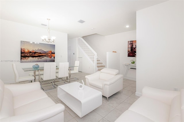 10628 W 33rd Way, Hialeah, FL 33018 - living area with a chandelier, light tile patterned flooring, stairs, and recessed lighting
