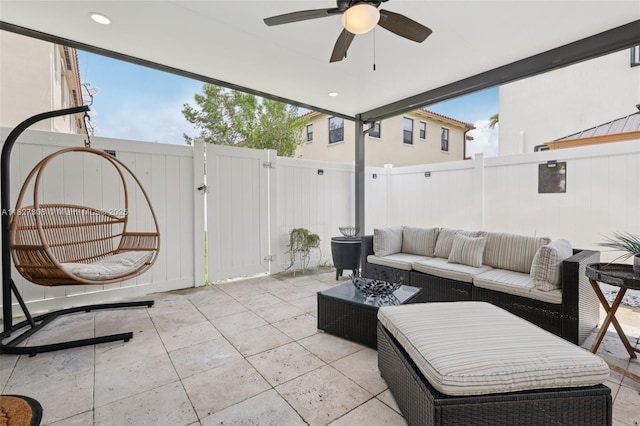 9349 W 33rd Way, Hialeah, FL 33018 - fenced backyard featuring ceiling fan, a patio area, a gate, and an outdoor living space