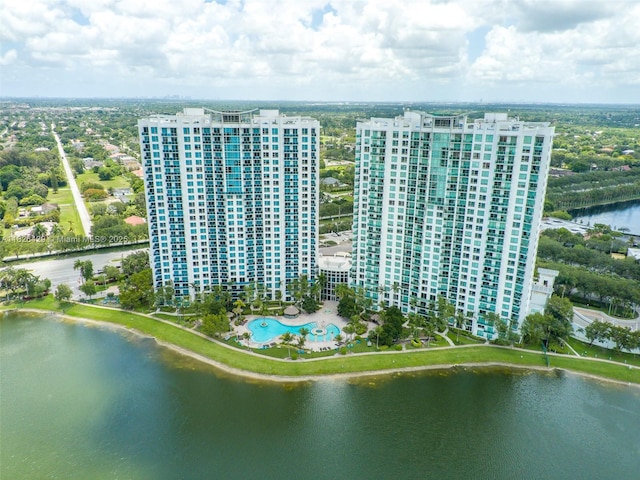 2641 N Flamingo Rd Unit 1603N, Sunrise, FL 33323 - drone / aerial view of a pool area and a nearby body of water