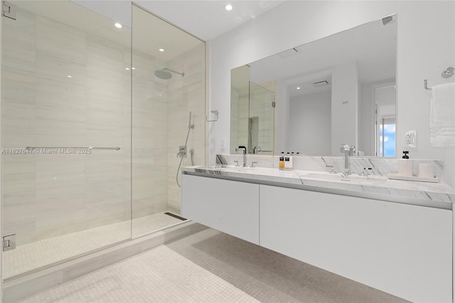 700 NE 26th Ter Unit 3101, Miami, FL 33137 - bathroom featuring a stall shower, double vanity, and recessed lighting