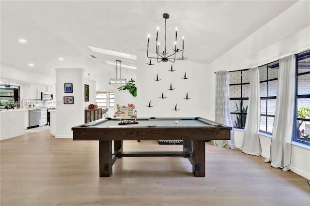 8525 NW 49th Dr, Coral Springs, FL 33067 - playroom featuring vaulted ceiling, pool table, plenty of natural light, light wood-style floors, and recessed lighting