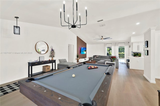 8525 NW 49th Dr, Coral Springs, FL 33067 - rec room featuring light wood-style flooring, billiards table, recessed lighting, a chandelier, and a ceiling fan