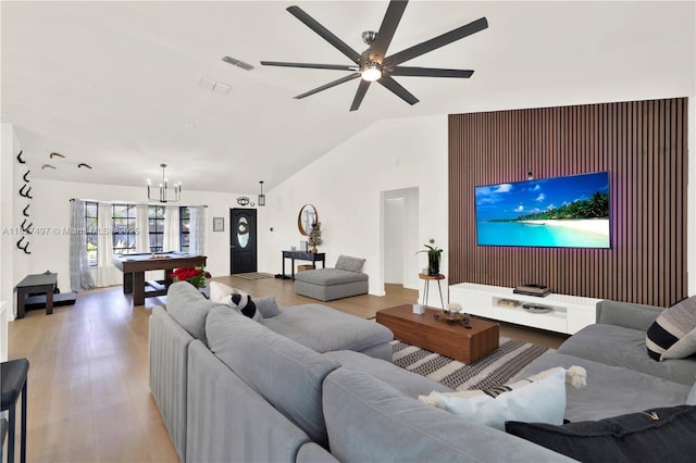 8525 NW 49th Dr, Coral Springs, FL 33067 - living room with vaulted ceiling, ceiling fan, light wood-style flooring, a chandelier, and pool table