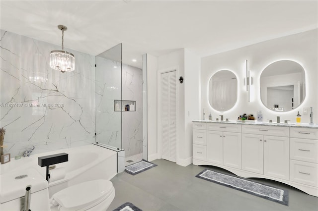 8525 NW 49th Dr, Coral Springs, FL 33067 - bathroom featuring double vanity, a marble finish shower, a bath, a chandelier, and a closet