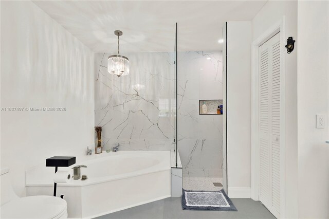 8525 NW 49th Dr, Coral Springs, FL 33067 - bathroom with a closet, a bath, a marble finish shower, and a chandelier