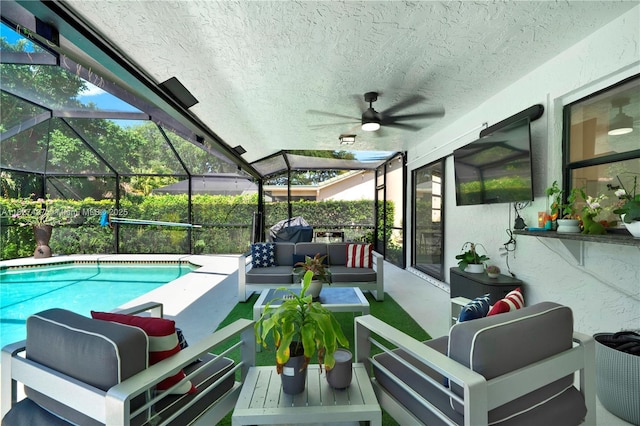 8525 NW 49th Dr, Coral Springs, FL 33067 - outdoor pool with an outdoor living space, a ceiling fan, a patio, and glass enclosure