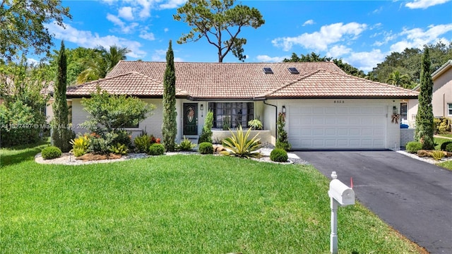 8525 NW 49th Dr, Coral Springs, FL 33067 - view of front of property featuring a tiled roof, a front lawn, driveway, a garage, and brick siding