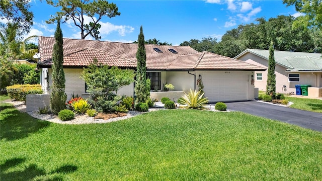 8525 NW 49th Dr, Coral Springs, FL 33067 - ranch-style house with a tile roof, an attached garage, asphalt driveway, and a front yard