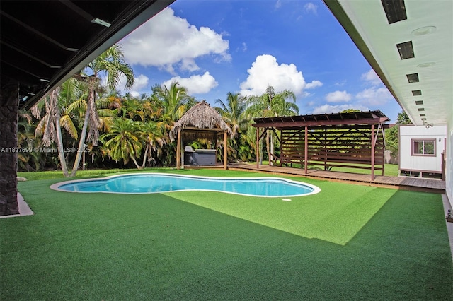 5881 SW 160th Ave, Southwest Ranches, FL 33331 - outdoor pool featuring a gazebo, a jacuzzi, and a lawn