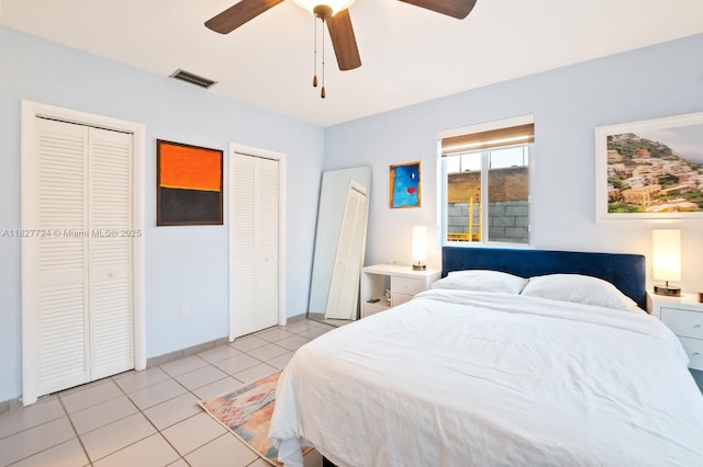 634 82nd St, Miami Beach, FL 33141 - bedroom featuring two closets, tile patterned floors, and ceiling fan