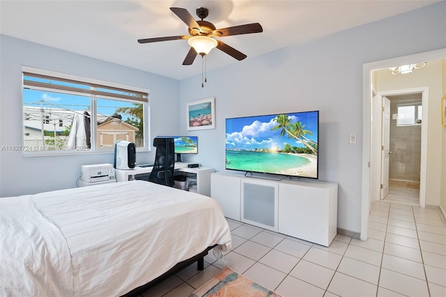 634 82nd St, Miami Beach, FL 33141 - bedroom with multiple windows, light tile patterned floors, and a ceiling fan